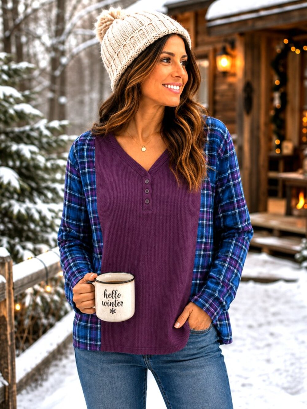 Upcycled Plaid & Waffle Knit Flannel Tee Pullover Oversized Plum Long Sleeved M